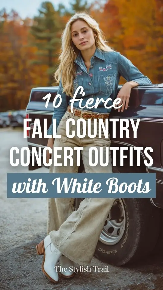 A woman in wide-leg jeans, tucked chambray shirt, tan belt, and white boots outfit for a fall country concert
