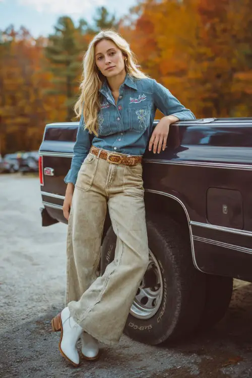 A woman in wide-leg jeans, tucked chambray shirt, tan belt, and white cowgirl boots, leaning casually against a pickup truck with autumn trees in the background 