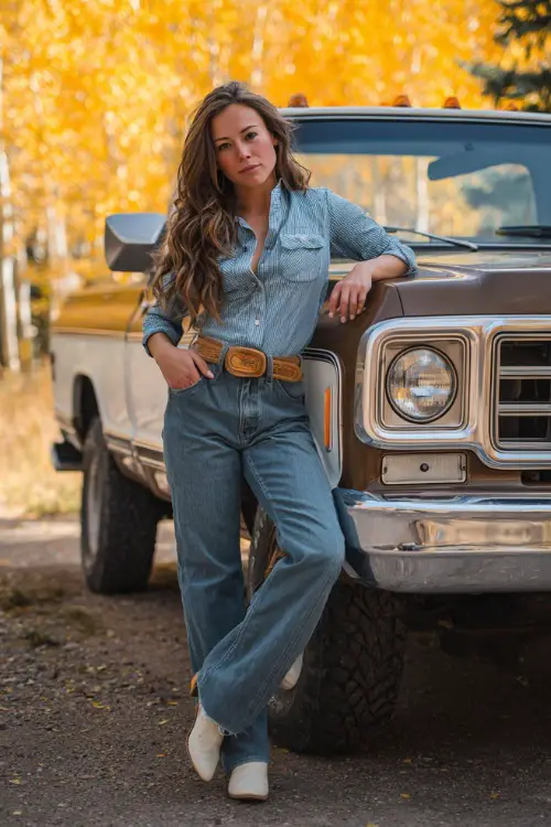 A woman in wide-leg jeans, tucked chambray shirt, tan belt, and white cowgirl boots, leaning casually against a pickup truck with autumn trees in the background