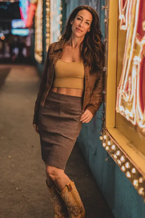 A woman over 40 in a midi pencil skirt, fitted knit top, cropped suede jacket, and cowgirl boots 