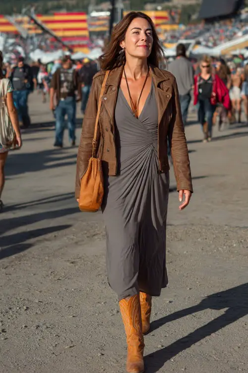A woman over 40 in a midi wrap dress with long sleeves, layered with a leather jacket, accessorized with a crossbody bag and tan cowgirl boots