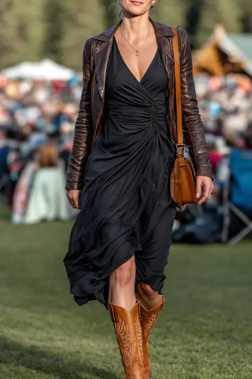 A woman over 40 in a midi wrap dress with long sleeves, layered with a leather jacket