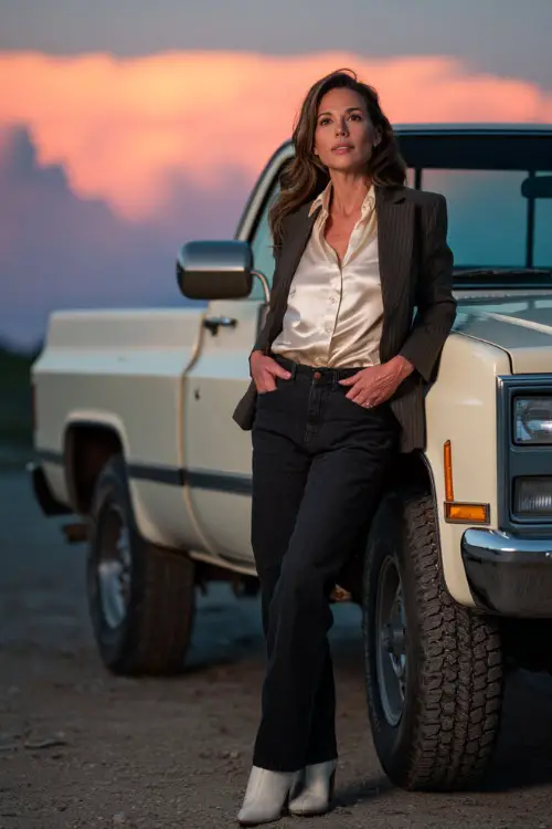 A woman over 40 in high-waisted black jeans, satin blouse, tailored blazer, and pointed white cowboy boots 