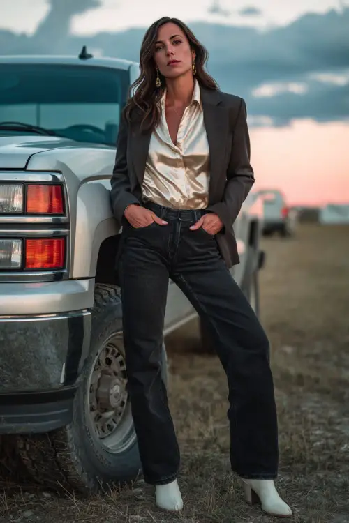 A woman over 40 in high-waisted black jeans, satin blouse, tailored blazer, and pointed white cowboy boots