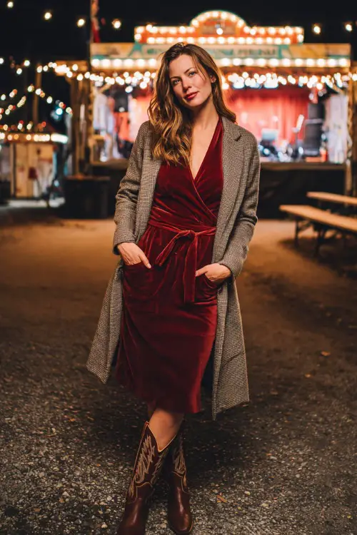 A woman over 40 styled in a velvet midi dress with a belted waist, paired with tall cowboy boots and a wool coat 
