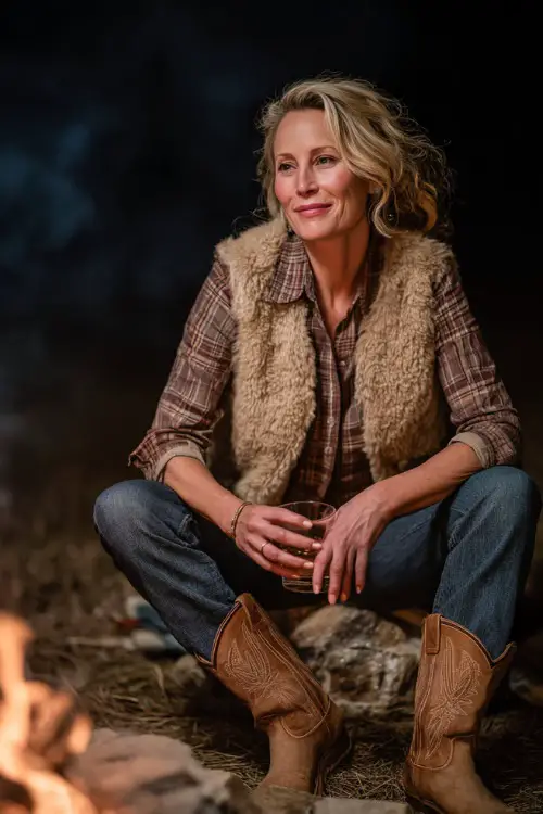 A woman over 40 styled in dark flared jeans, plaid button-down shirt, faux fur vest, and tan cowboy boots 