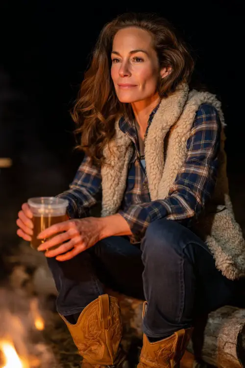 A woman over 40 styled in dark flared jeans, plaid button-down shirt, faux fur vest, and tan cowboy boots