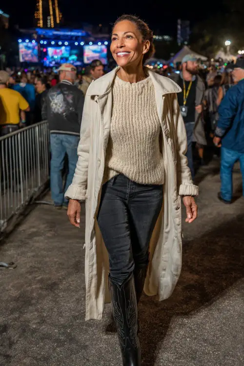 A woman over 40 styled in straight-leg jeans, tucked cashmere sweater, long trench coat, and sleek black cowboy boots