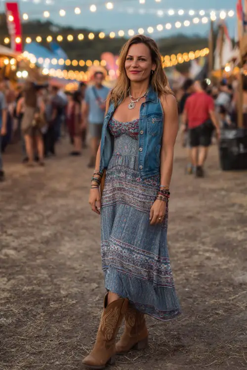 A woman over 40 wearing a bohemian maxi dress layered with a cropped denim jacket, accessorized with jewelry, and suede cowboy boots 