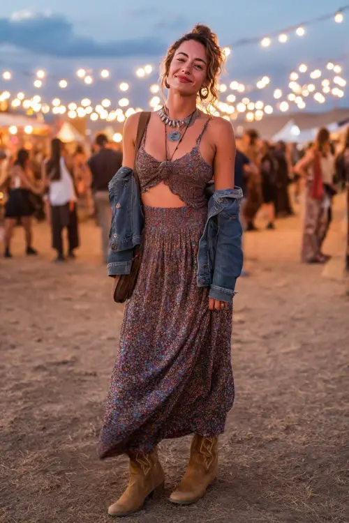 A woman over 40 wearing a bohemian maxi dress layered with a cropped denim jacket, accessorized with jewelry, and suede cowboy boots