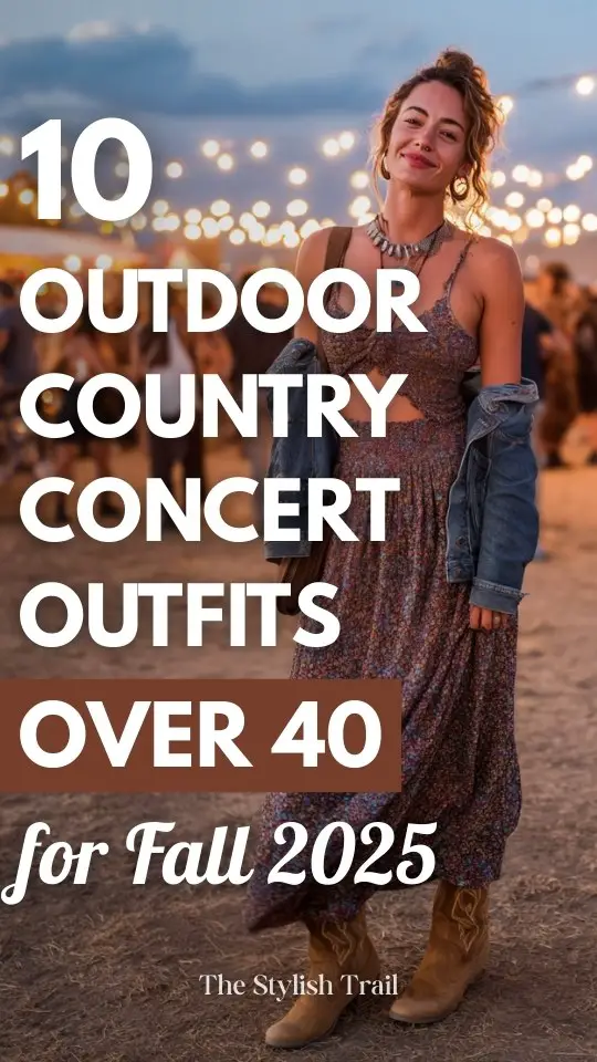 A woman over 40 wearing a bohemian maxi dress layered with a cropped denim jacket outfit for a fall outdoor country concert