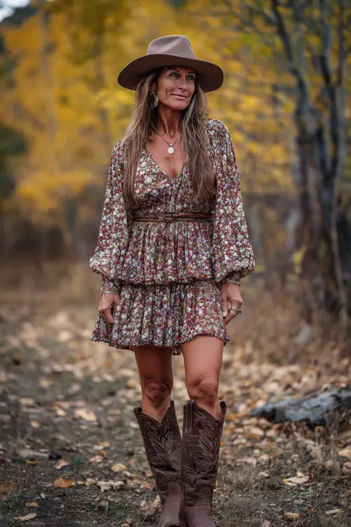 A woman over 40 wearing a tiered floral dress with long sleeves, accessorized with a felt hat and knee-high cowboy boots 
