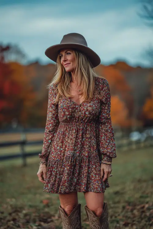 A woman over 40 wearing a tiered floral dress with long sleeves, accessorized with a felt hat and knee-high cowboy boots