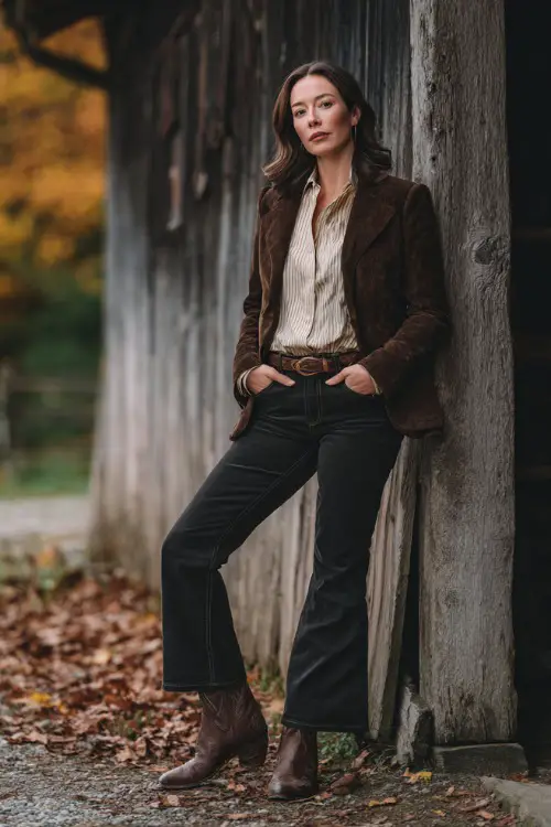 A woman over 40 wearing dark bootcut jeans, a tucked silk blouse, tailored suede jacket, and brown cowboy boots 