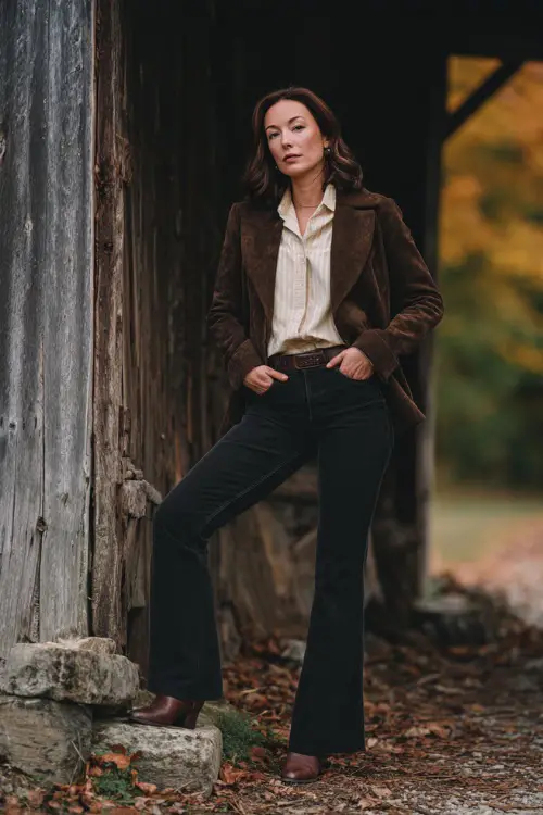 A woman over 50 wearing dark bootcut jeans, a tucked silk blouse, tailored suede jacket, and brown cowboy boots 