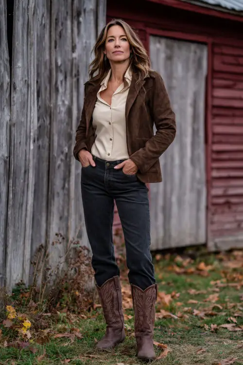 A woman over 40 wearing dark bootcut jeans, a tucked silk blouse, tailored suede jacket, and brown cowboy boots 