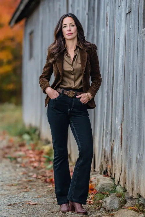A woman over 40 wearing dark bootcut jeans, a tucked silk blouse, tailored suede jacket, and brown cowboy boots 