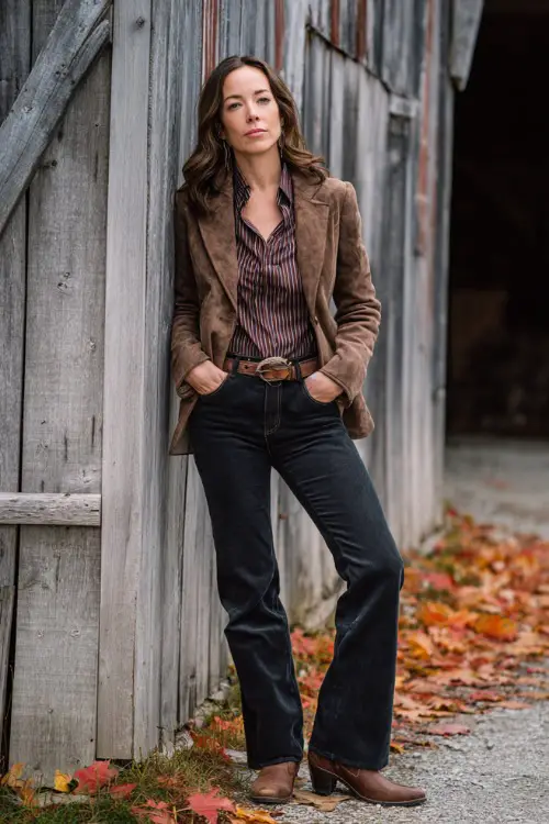 A woman over 40 wearing dark bootcut jeans, a tucked silk blouse, tailored suede jacket, and brown cowboy boots