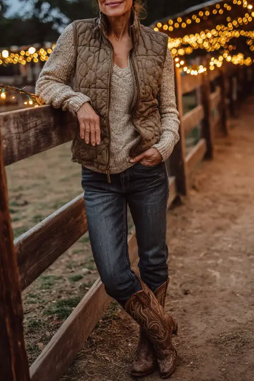 A woman over 40 wearing straight-leg jeans, a knit sweater, quilted vest, and embroidered cowboy boots 