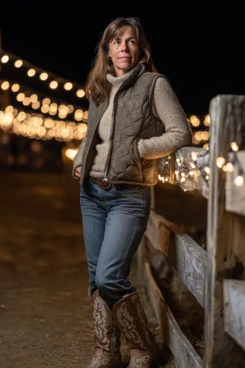 A woman over 40 wearing straight-leg jeans, a knit sweater, quilted vest, and embroidered cowboy boots 