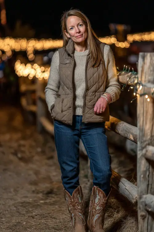 A woman over 40 wearing straight-leg jeans, a knit sweater, quilted vest, and embroidered cowboy boots 