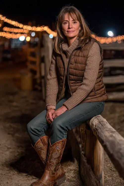 A woman over 40 wearing straight-leg jeans, a knit sweater, quilted vest, and embroidered cowboy boots
