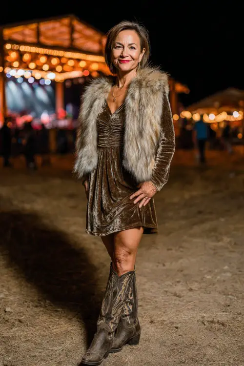 A woman over 50 in a velvet maxi dress with long sleeves, paired with a faux fur stole and tall cowboy boots 