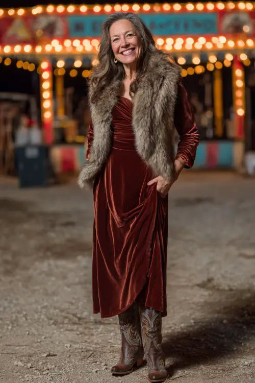 A woman over 50 in a velvet maxi dress with long sleeves, paired with a faux fur stole and tall cowboy boots