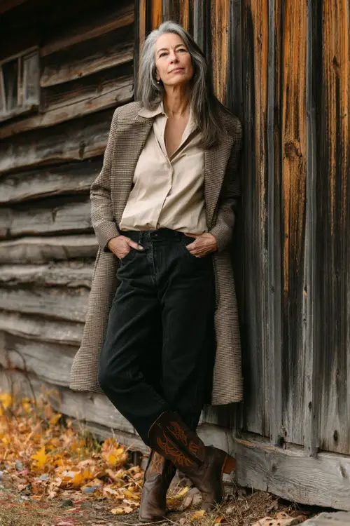 A woman over 50 in dark straight-leg jeans, silk blouse, long tailored coat, and brown cowboy boots 