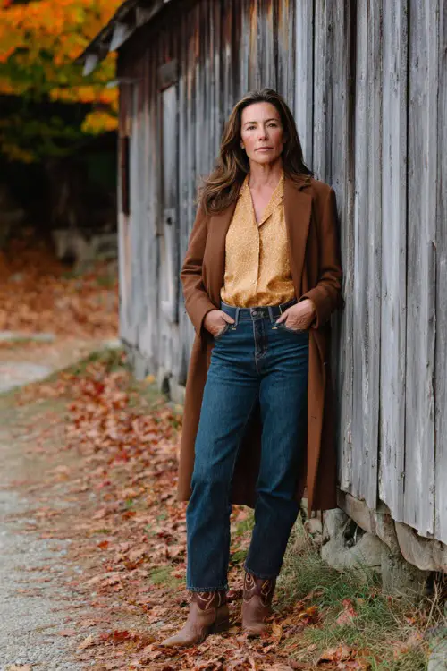 A woman over 40 in dark straight-leg jeans, silk blouse, long tailored coat, and brown cowboy boots
