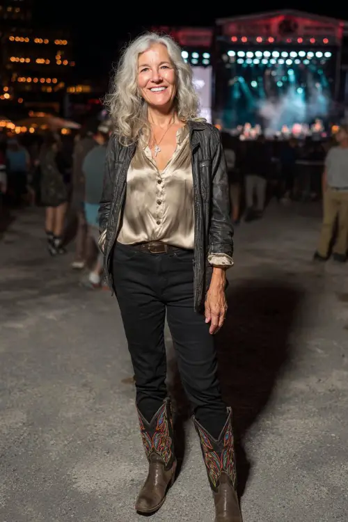 A woman over 50 in tailored black pants, satin blouse, cropped leather jacket, and embroidered cowboy boots 