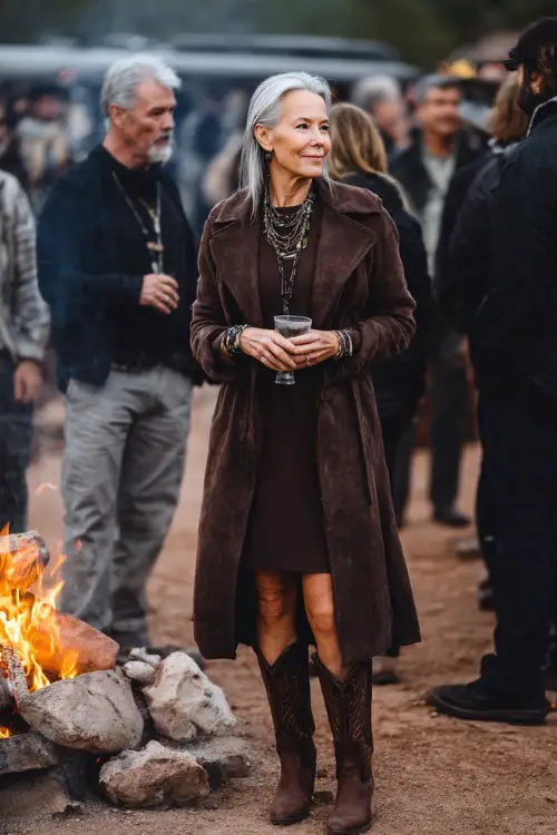 A woman over 50 styled in a wool trench coat layered over a fitted dress, accessorized with jewelry and tall cowboy boots 