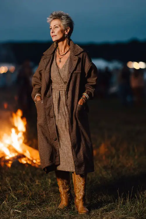A woman over 50 styled in a wool trench coat layered over a fitted dress, accessorized with jewelry and tall cowboy boots