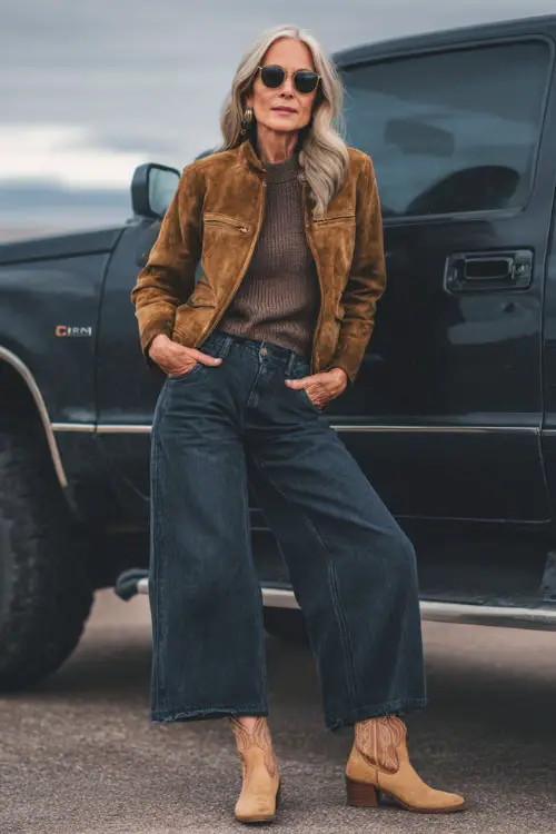 A woman over 50 styled in wide-leg jeans, knit sweater tucked in, cropped suede jacket, and tan cowboy boots