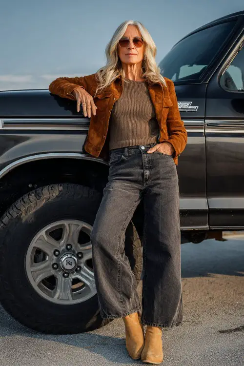 A woman over 50 styled in wide-leg jeans, knit sweater tucked in, cropped suede jacket