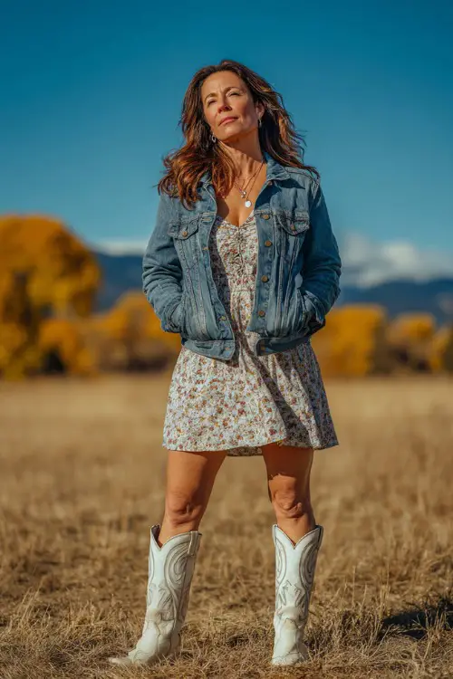 A woman over 50 wearing a knee-length floral dress layered with a denim jacket and accessorized with white cowboy boots 