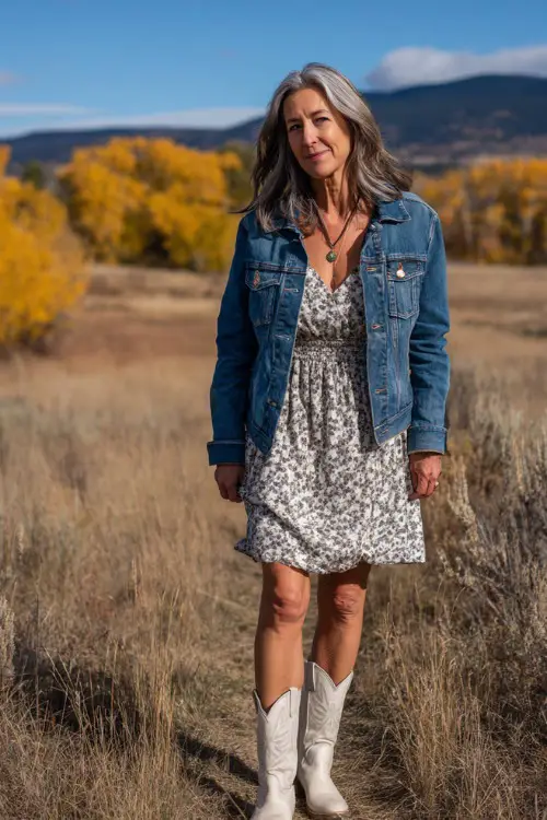 A woman over 40 wearing a knee-length floral dress layered with a denim jacket and accessorized with white cowboy boots