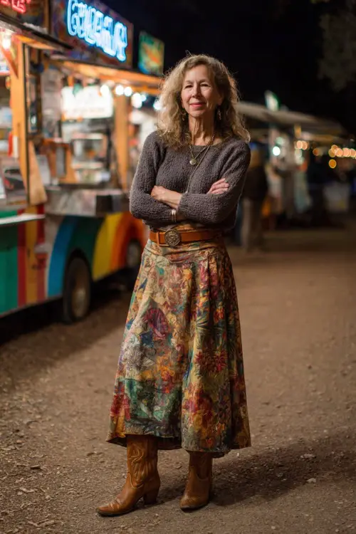 A woman over 50 wearing a long floral maxi skirt, knit sweater tucked in, suede belt, and pointed cowboy boots