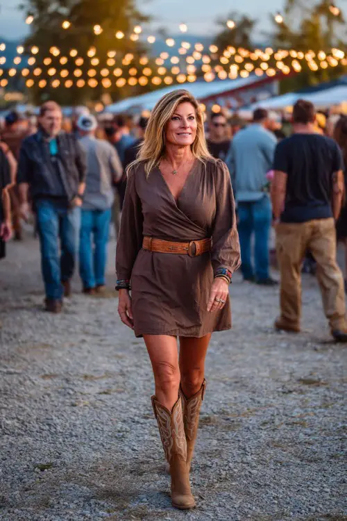 A woman over 50 wearing a wrap midi dress with long sleeves, accessorized with a belt and suede cowboy boots 