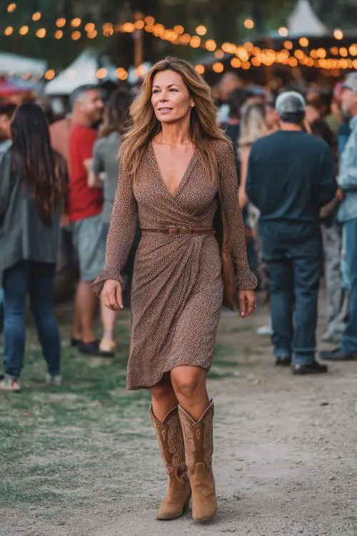 A woman over 50 wearing a wrap midi dress with long sleeves, accessorized with a belt and suede cowboy boots