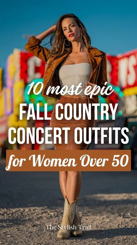 A woman over 50 wears a strapless top with a brown jacket and a matching skirt outfit for a fall country concert