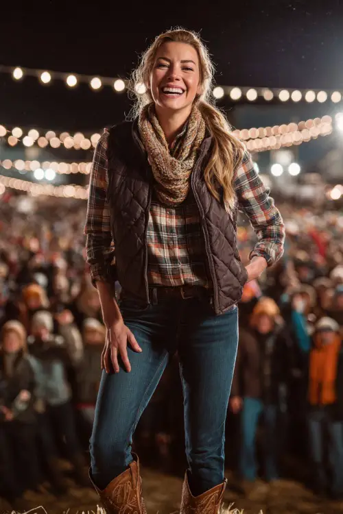 A woman styled in a quilted puffer vest over a plaid flannel shirt, dark blue jeans, and cowgirl boots, with a scarf wrapped around her neck 