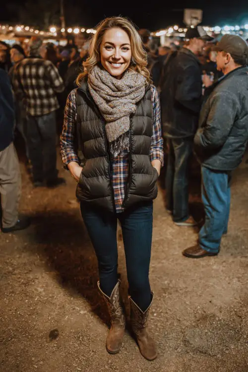 A woman styled in a quilted puffer vest over a plaid flannel shirt, dark blue jeans, and cowgirl boots, with a scarf wrapped around her neck 