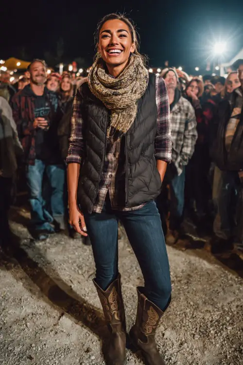 A woman styled in a quilted puffer vest over a plaid flannel shirt, dark blue jeans, and cowgirl boots, with a scarf wrapped around her neck