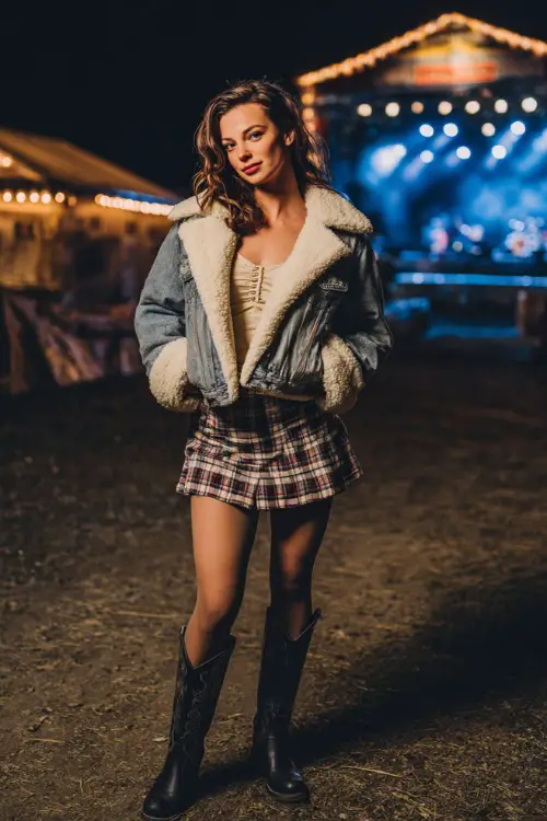 A woman styled in a shearling-lined denim jacket, plaid skirt with tights, and black cowboy boots, standing in front of a lit-up outdoor stage at night 