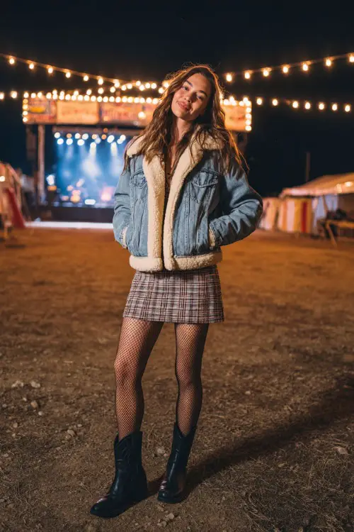 A woman styled in a shearling-lined denim jacket, plaid skirt with tights, and black cowboy boots, standing in front of a lit-up outdoor stage at night 