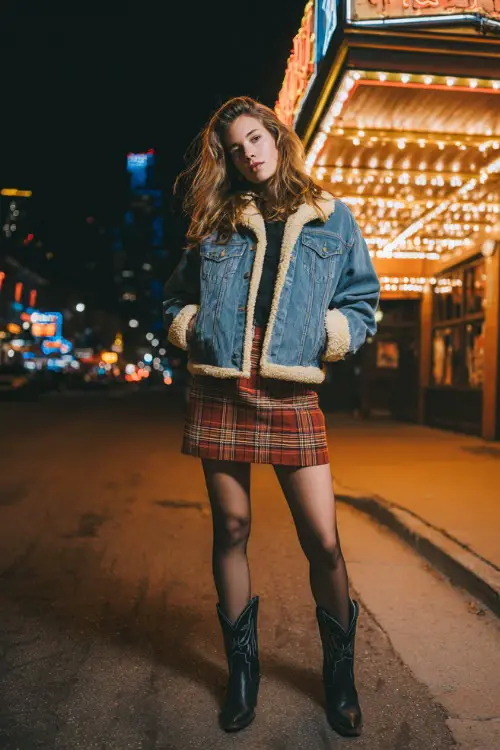 A woman styled in a shearling-lined denim jacket, plaid skirt with tights, and black cowboy boots, standing in front of a lit-up outdoor stage at night