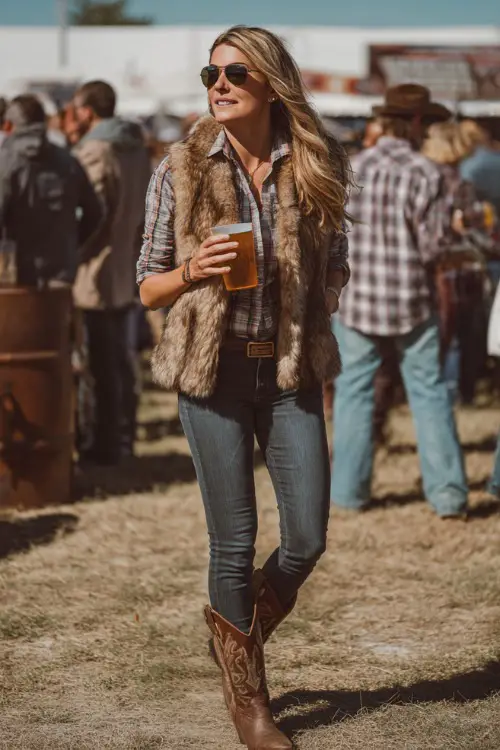 A woman styled in straight-leg jeans, a faux fur vest over a plaid shirt, and brown cowboy boots, holding a drink with friends at an outdoor concert 
