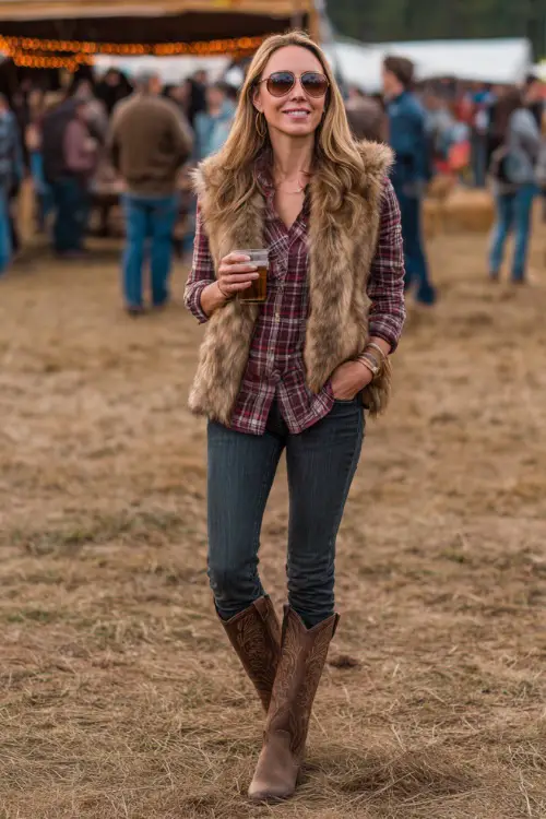 A woman styled in straight-leg jeans, a faux fur vest over a plaid shirt, and brown cowboy boots, holding a drink with friends at an outdoor concert