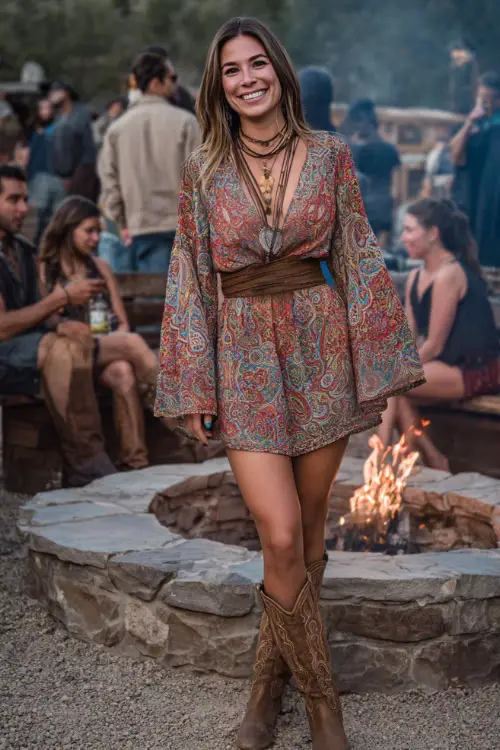 A woman wearing a boho paisley wrap dress with bell sleeves, accessorized with layered necklaces and brown cowboy boots, posing by a firepit with friends at a fall concert